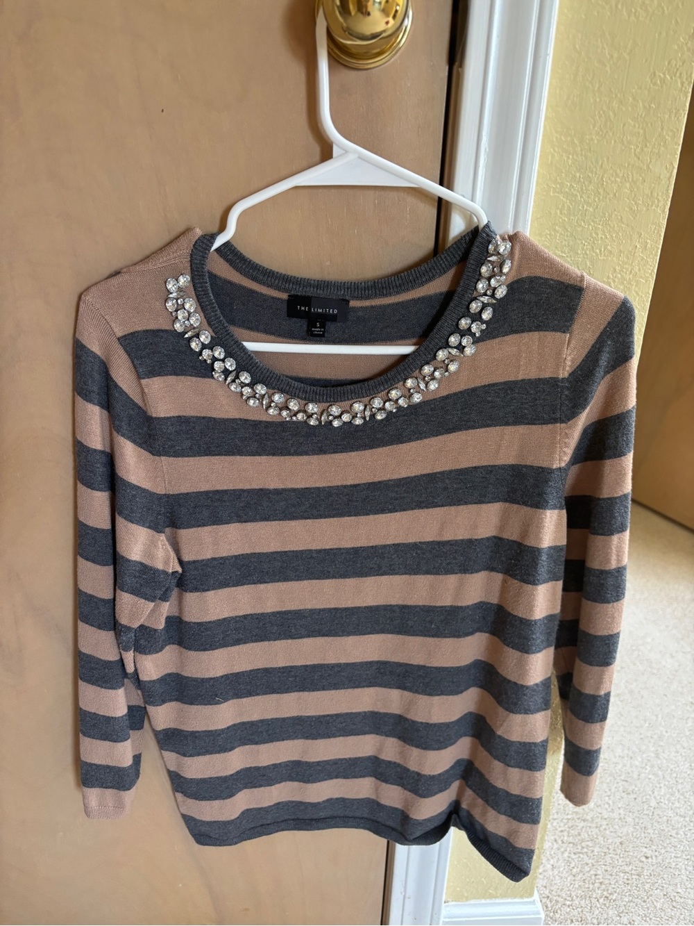 The Limited Striped Jeweled Crewneck Sweater - Taupe & Charcoal